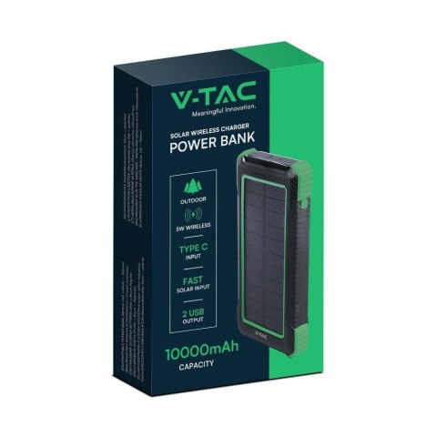 Power bank V-TAC 10000mAh czarny solarny ładowanie bezprzewodowe 2xUSB V-TAC VT-11111