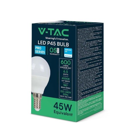 Żarówka LED V-TAC SAMSUNG CHIP 6,5W E14 kulka P45 VT-270 4000K 600lm 5 lat gwarancji