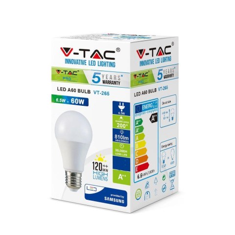 Żarówka LED V-TAC SAMSUNG CHIP 6.5W E27 A60 VT-265 4000K 806lm 5 lat gwarancji