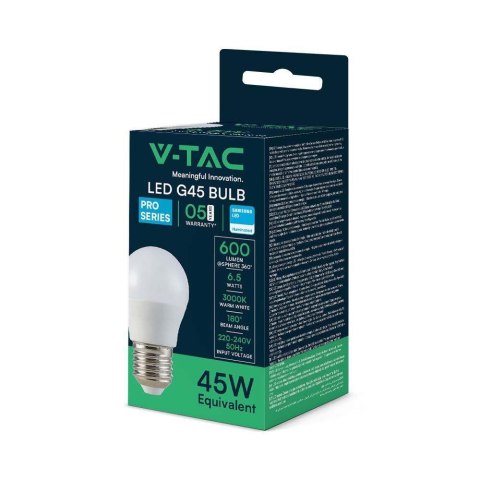 Żarówka LED V-TAC SAMSUNG CHIP 6,5W E27 kulka G45 VT-290 3000K 600lm 5 lat gwarancji