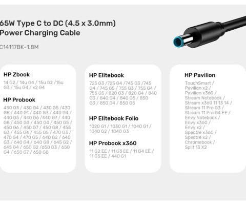 KABEL ZASILAJĄCY C14117BK-1.8M USB-C / DC-3.0/4.5-W 1.8 m UNITEK