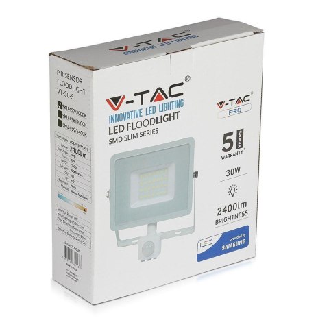 Projektor LED V-TAC 30W SAMSUNG CHIP czujnik ruchu funkcja cut-OFF biały VT-30-S-W 4000K 2400lm 5 lat gwarancji