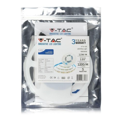 Taśma LED V-TAC SAMSUNG CHIP 2835 600LED 12V IP20 12W/m VT-5-120 6000K 1200lm 3 lata gwarancji
