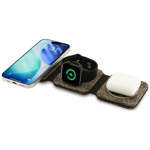 Guess 4G Wireless Charger - Ładowarka indukcyjna MagSafe 3w1 do iPhone, AirPods i Apple Watch 15W (brązowy)