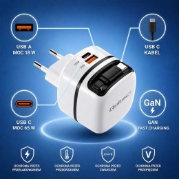 Qoltec Ładowarka sieciowa GaN Super Fast 65W | USB-C PD PPS | 5-20V | 3-3.25A | Laptop | MacBook | Smartfon | wysuwany kabel