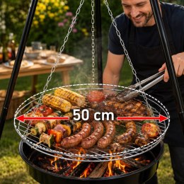 Grill ogrodowy węglowy zawieszany, regulowana wysokość 32-66/150 cm, ruszt stal chromowana, misa stal emaliowana, czarny, 50 cm