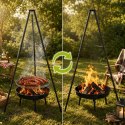 Grill ogrodowy węglowy zawieszany, regulowana wysokość 32-66/150 cm, ruszt stal chromowana, misa stal emaliowana, czarny, 50 cm
