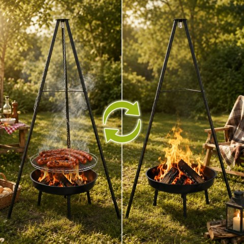 Grill ogrodowy węglowy zawieszany, regulowana wysokość 32-66/150 cm, ruszt stal chromowana, misa stal emaliowana, czarny, 50 cm