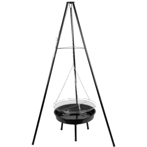 Grill ogrodowy węglowy zawieszany, regulowana wysokość 32-66/150 cm, ruszt stal chromowana, misa stal emaliowana, czarny, 50 cm