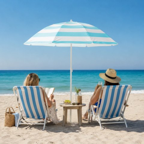 Parasol plażowy biało-niebieski, stalowy, z nachyleniem, średnica 180 cm, wysokość 200 cm, maszt 32 mm