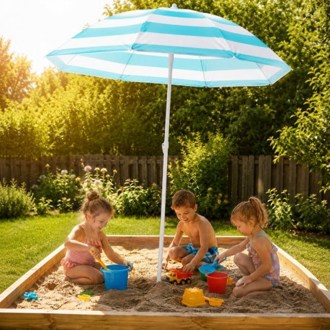 Parasol plażowy biało-niebieski, stalowy, z nachyleniem, średnica 180 cm, wysokość 200 cm, maszt 32 mm