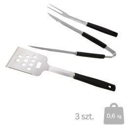 Zestaw przyborów do grillowania, 3-częściowy, stal nierdzewna, uchwyty plastikowe, łopatka, szczypce, widelec, srebrno-czarny