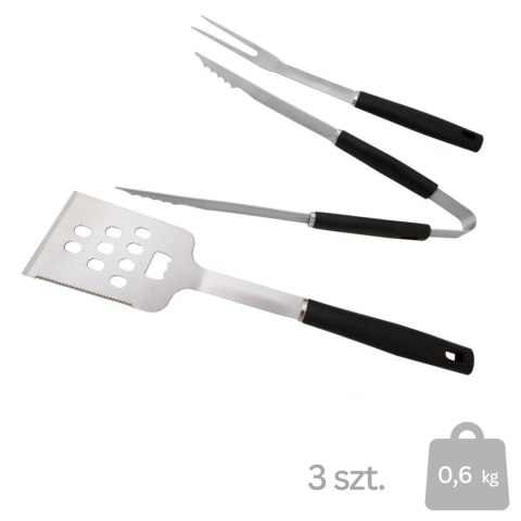 Zestaw przyborów do grillowania, 3-częściowy, stal nierdzewna, uchwyty plastikowe, łopatka, szczypce, widelec, srebrno-czarny
