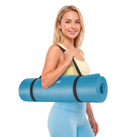 Mata gimnastyczna do ćwiczeń joga, pilates, fitness, 183x61cm, grubość 1.5cm, materiał NBR, niebieska, REBEL ACTIVE