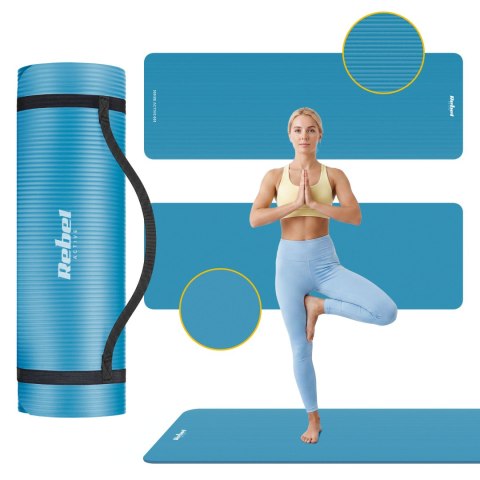 Mata gimnastyczna do ćwiczeń joga, pilates, fitness, 183x61cm, grubość 1.5cm, materiał NBR, niebieska, REBEL ACTIVE