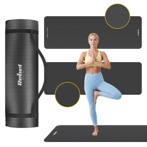 Mata gimnastyczna do ćwiczeń joga, pilates, fitness, 183x61cm, grubość 1 cm, materiał NBR, czarna, REBEL ACTIVE