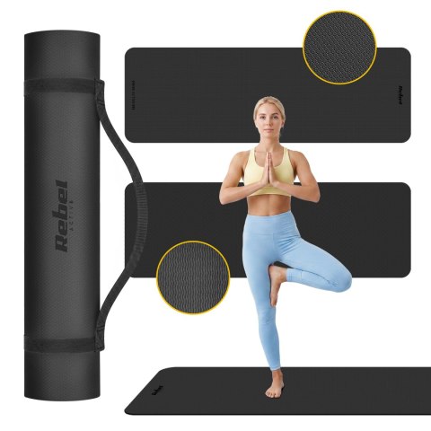 Mata gimnastyczna do ćwiczeń joga, pilates, fitness, 183x61cm, grubość 6mm, materiał TPE, czarna, REBEL ACTIVE