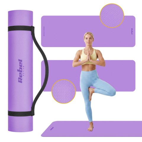 Mata gimnastyczna do ćwiczeń joga, pilates, fitness, 183x61cm, grubość 6mm, materiał TPE, fioletowa, REBEL ACTIVE