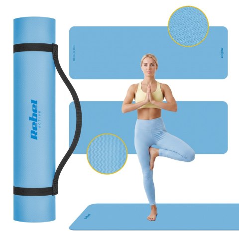 Mata gimnastyczna do ćwiczeń joga, pilates, fitness, 183x61cm, grubość 6mm, materiał TPE, niebieska, REBEL ACTIVE
