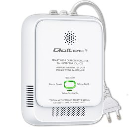 Qoltec Certyfikowany Czujnik wycieku gazu ziemnego i tlenku węgla (czadu) | detektor CH4 CO | alarm 85dB | LED