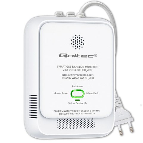 Qoltec Certyfikowany Czujnik wycieku gazu ziemnego i tlenku węgla (czadu) | detektor CH4 CO | alarm 85dB | LED