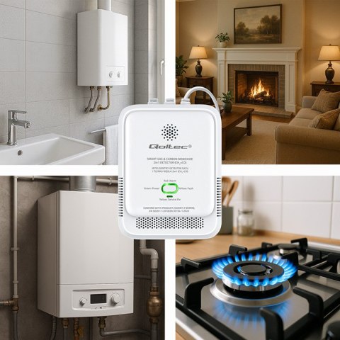 Qoltec Certyfikowany Czujnik wycieku gazu ziemnego i tlenku węgla (czadu) | detektor CH4 CO | alarm 85dB | LED