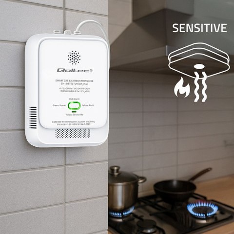 Qoltec Certyfikowany Czujnik wycieku gazu ziemnego i tlenku węgla (czadu) | detektor CH4 CO | alarm 85dB | LED