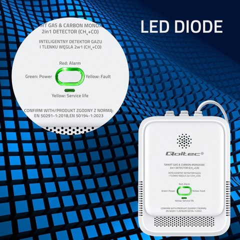 Qoltec Certyfikowany Czujnik wycieku gazu ziemnego i tlenku węgla (czadu) | detektor CH4 CO | alarm 85dB | LED
