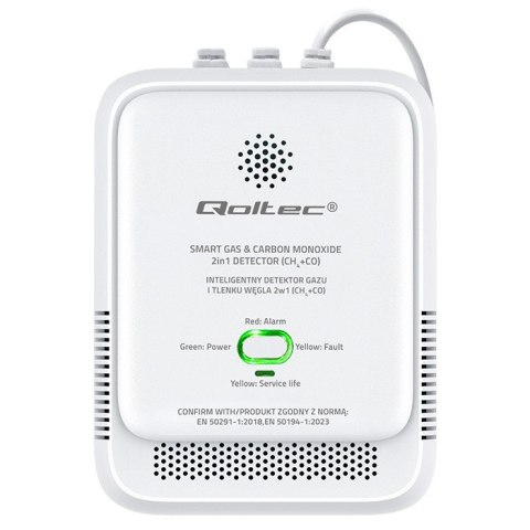 Qoltec Certyfikowany Czujnik wycieku gazu ziemnego i tlenku węgla (czadu) | detektor CH4 CO | alarm 85dB | LED