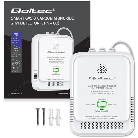 Qoltec Certyfikowany Czujnik wycieku gazu ziemnego i tlenku węgla (czadu) | detektor CH4 CO | alarm 85dB | LED
