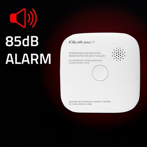 Qoltec Certyfikowany bezprzewodowy Czujnik dymu z baterią | Tuya | Wi-fi | żywotność sensora 10 lat | alarm 85dB | LED