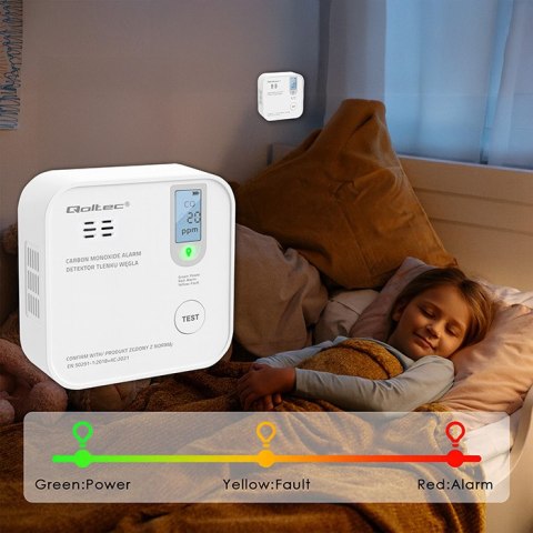 Qoltec Certyfikowany bezprzewodowy Czujnik tlenku węgla (czadu) z baterią | detektor CO | żywotność sensora 10 lat | alarm 85dB 