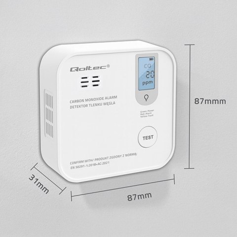Qoltec Certyfikowany bezprzewodowy Czujnik tlenku węgla (czadu) z baterią | detektor CO | żywotność sensora 10 lat | alarm 85dB 