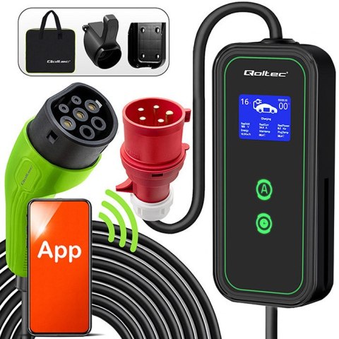 Qoltec Mobilna ładowarka do samochodu elektrycznego EV i hybryd z regulacją 2w1 Typ2 | 11kW | 400V | CEE 32A | Wi-fi | LCD | 3 