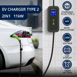 Qoltec Mobilna ładowarka do samochodu elektrycznego EV i hybryd z regulacją 2w1 Typ2 | 11kW | 400V | CEE 32A | Wi-fi | LCD | 3 