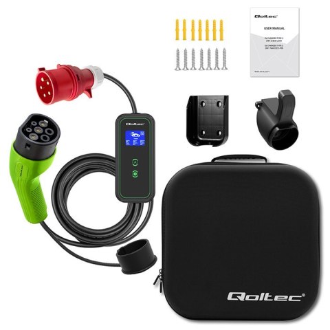 Qoltec Mobilna ładowarka do samochodu elektrycznego EV i hybryd z regulacją 2w1 Typ2 | 11kW | 400V | CEE 32A | Wi-fi | LCD | 3 