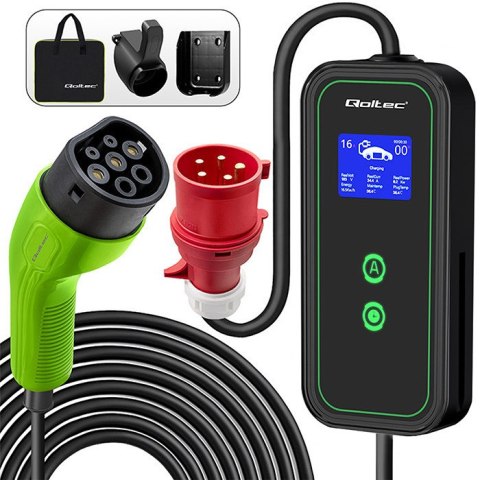 Qoltec Mobilna ładowarka do samochodu elektrycznego EV i hybryd z regulacją 2w1 Typ2 | 11kW | LCD | 3 fazy | CEE 32A | Przenośn