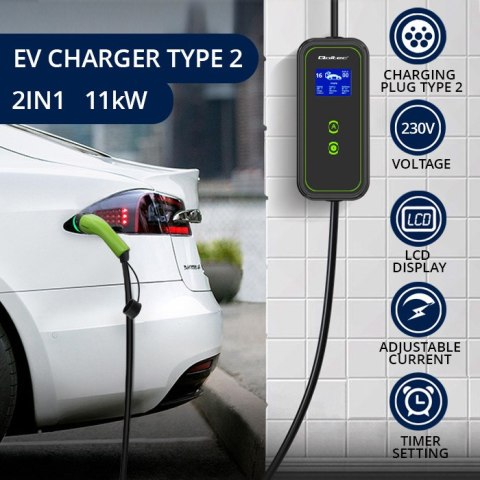 Qoltec Mobilna ładowarka do samochodu elektrycznego EV i hybryd z regulacją 2w1 Typ2 | 11kW | LCD | 3 fazy | CEE 32A | Przenośn