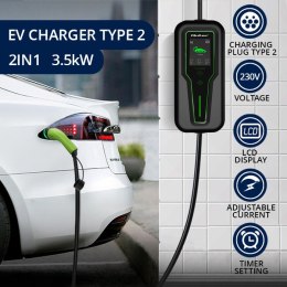 Qoltec Mobilna ładowarka do samochodu elektrycznego EV i hybryd z regulacją 2w1 Typ2 | 3.5kW | 230V | SCHUKO 16A | LCD | Przenoś