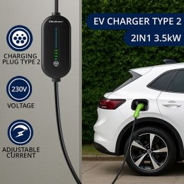 Qoltec Mobilna ładowarka do samochodu elektrycznego EV i hybryd z regulacją 2w1 Typ2 | 3.5kW | 230V | SCHUKO 16A | Wi-fi | TUYA 