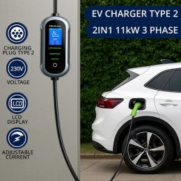 Qoltec Mobilna ładowarka do samochodu elektrycznego EV i hybryd z regulacją 2w1 Typ2 | 3.5kW | 230V | SCHUKO 16A | Wi-fi | TUYA 