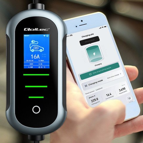 Qoltec Mobilna ładowarka do samochodu elektrycznego EV i hybryd z regulacją 2w1 Typ2 | 3.5kW | 230V | SCHUKO 16A | Wi-fi | TUYA 