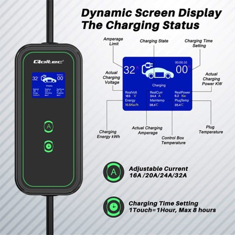 Qoltec Mobilna ładowarka do samochodu elektrycznego EV i hybryd z regulacją 2w1 Typ2 | 7kW | 230V | CEE 32A | Wi-fi| LCD | Przen