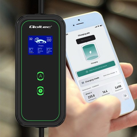 Qoltec Mobilna ładowarka do samochodu elektrycznego EV i hybryd z regulacją 2w1 Typ2 | 7kW | 230V | CEE 32A | Wi-fi| LCD | Przen