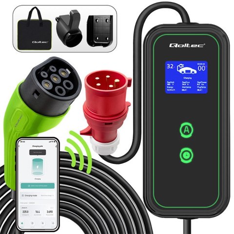 Qoltec Mobilna ładowarka do samochodu elektrycznego EV i hybryd z regulacją 2w1 Typ2 | 7kW | 230V | CEE 32A | Wi-fi| LCD | Przen