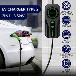 Qoltec Mobilna ładowarka do samochodu elektrycznego EV i hybryd z regulacją 2w1 Typ2 | SCHUKO 16A | 3.5kW | 230V | LCD | Przenoś