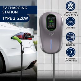 Qoltec Stacja ładowania EV Typ2 do samochodu elektrycznego i hybryd | 22kW | Wi-fi| Smart life | LCD | RFID | 3 fazy | Wallbox |