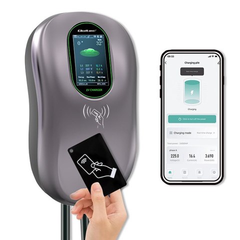 Qoltec Stacja ładowania EV Typ2 do samochodu elektrycznego i hybryd | 22kW | Wi-fi| Smart life | LCD | RFID | 3 fazy | Wallbox |