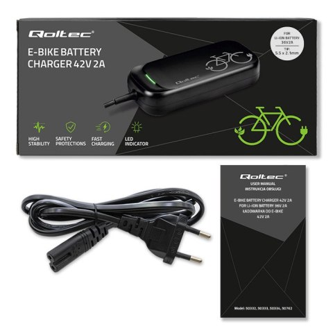 Qoltec Szybka Ładowarka do roweru skutera elektrycznego 36V | 42V | 2A | 5.5*2.1 | wodoodporna +kabel zasilający