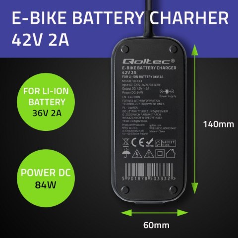 Qoltec Szybka Ładowarka do roweru skutera elektrycznego 36V | 42V | 2A | 5.5*2.5 | wodoodporna +kabel zasilający